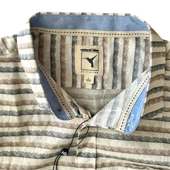 NATURAL BLUE Striped Shirt sz L Brown Blue & White LINEN/COTTON Short Sleeve NWT - Picture 7 of 10